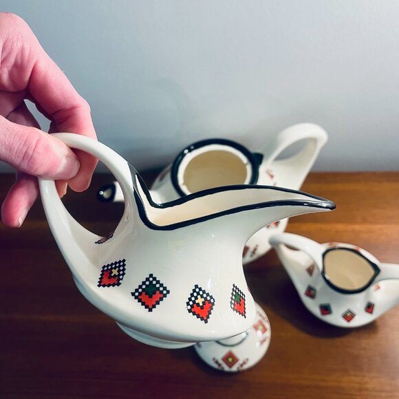 Vintage Cross Stich Pattern Porcelain 3 Piece Tea Set Genie Bottle Design - Picture 10 of 11